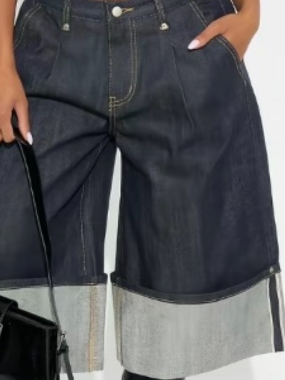 Wide-Leg Dark Blue Denim Bermuda Shorts